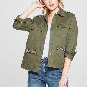 a.new.day NWT- Olive Green Beaded Pocket Military Style Shirt Jacket W-XS